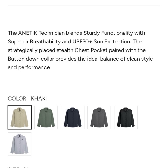 ANETIK Technician Sun Protect Button up khaki mens medium $100 - Picture 6 of 12